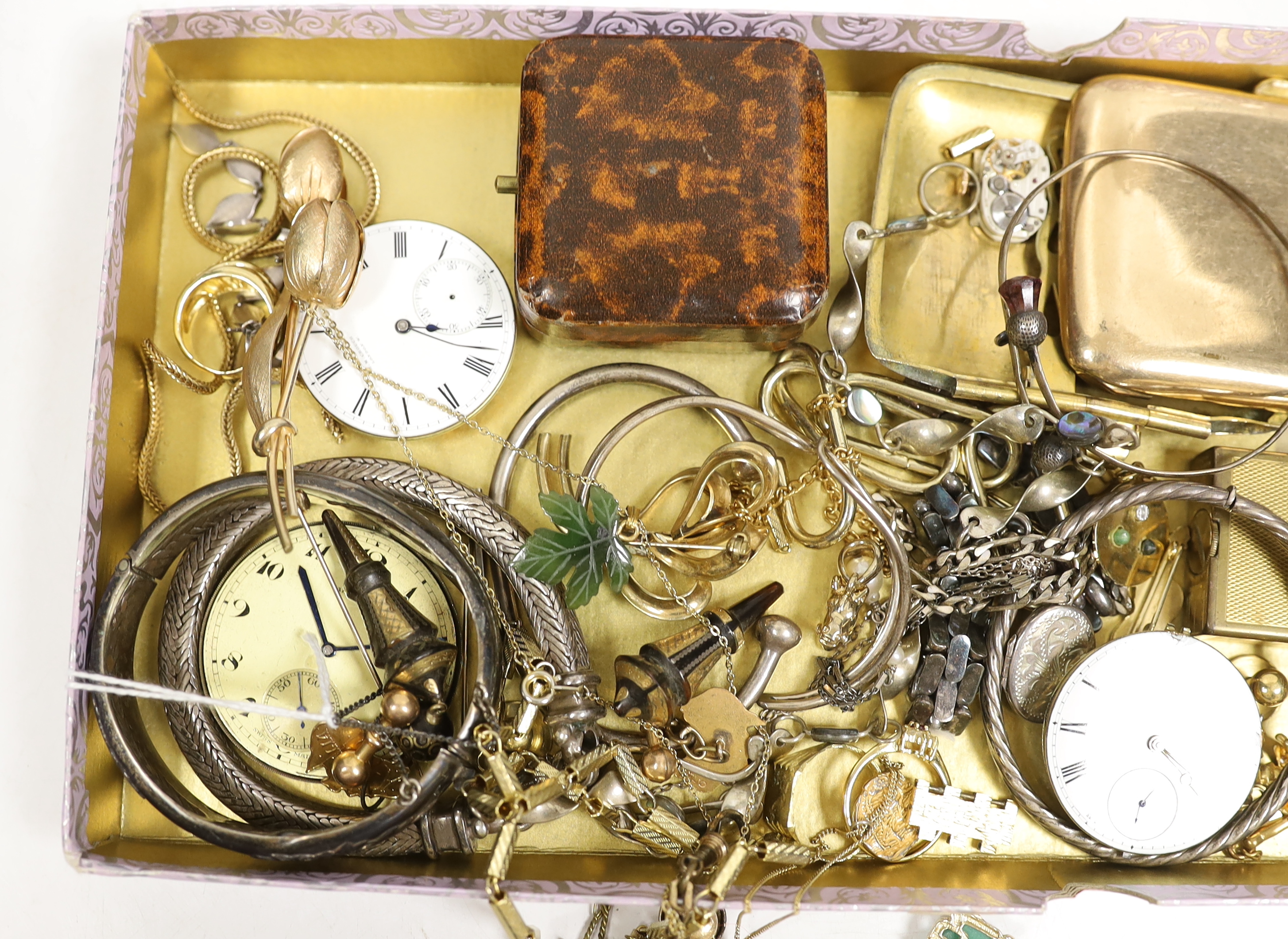 A quantity of assorted mainly costume jewellery and other items including a silver hinged bangle, pair of 925 drop earrings, 925 bracelet, pocket watch movements, etc.